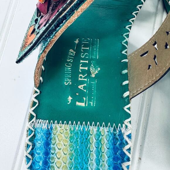 Spring Step L'ARTISTE Vardi Colorful Floral Sandals Slides Leather Wedge Size 39 - Picture 8 of 9
